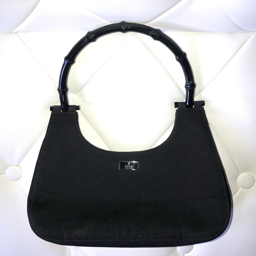 Gucci Black Satin Bamboo Handle Hobo Bag Black Gucci Purse Mini Satin Hobo Purse